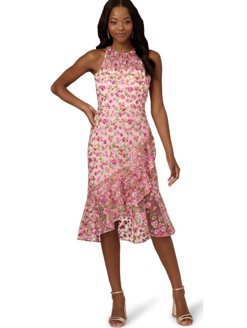 Adrianna Papell Floral Embroidered Halter Midi Dress Size 10 Pink Multi NWT $189